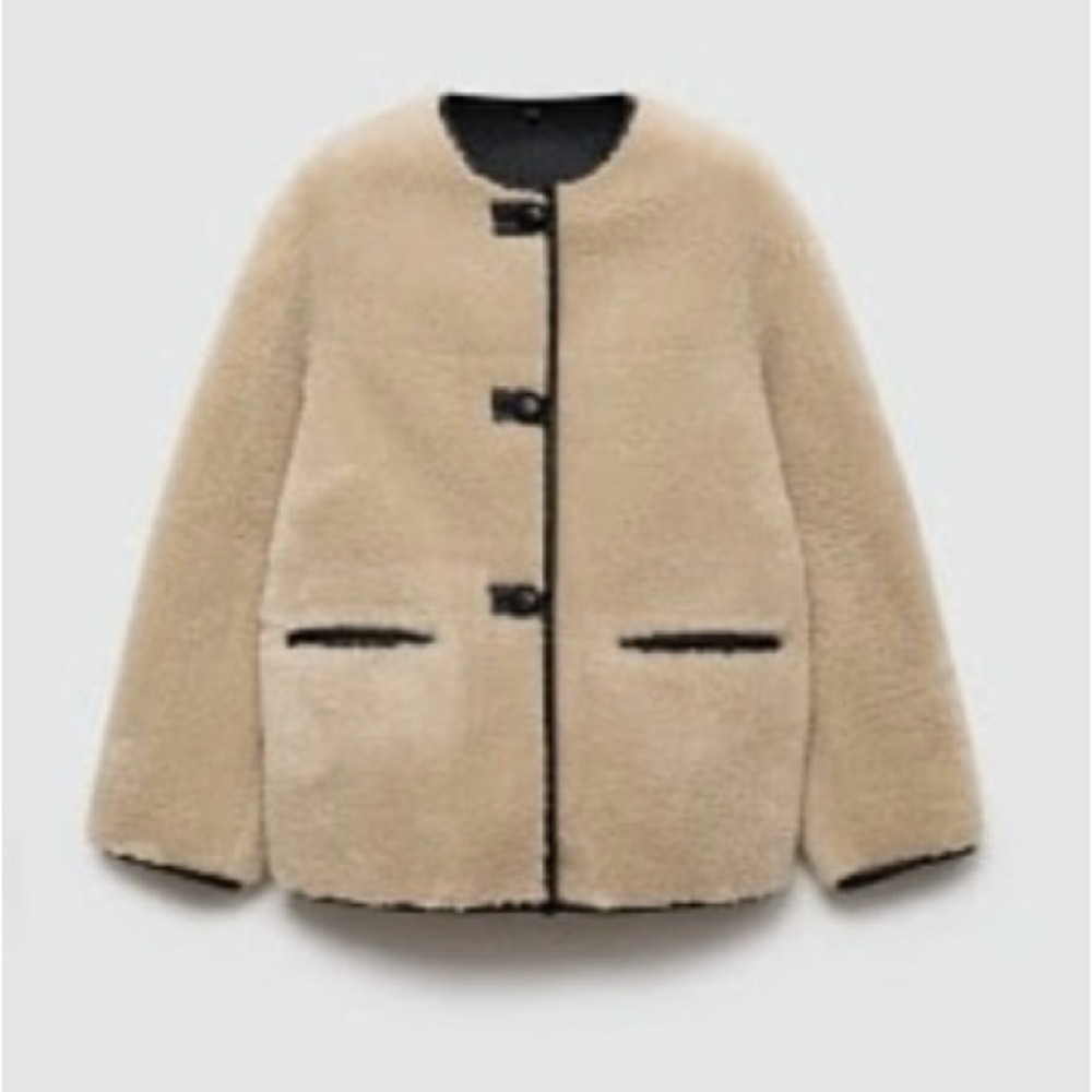 Womens Beige Faux Shearling Jacket with Black Trim